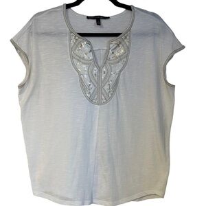 White House Black Market Gold Thread Trimmed V-neck & Sleeves w/ Sequins Size S